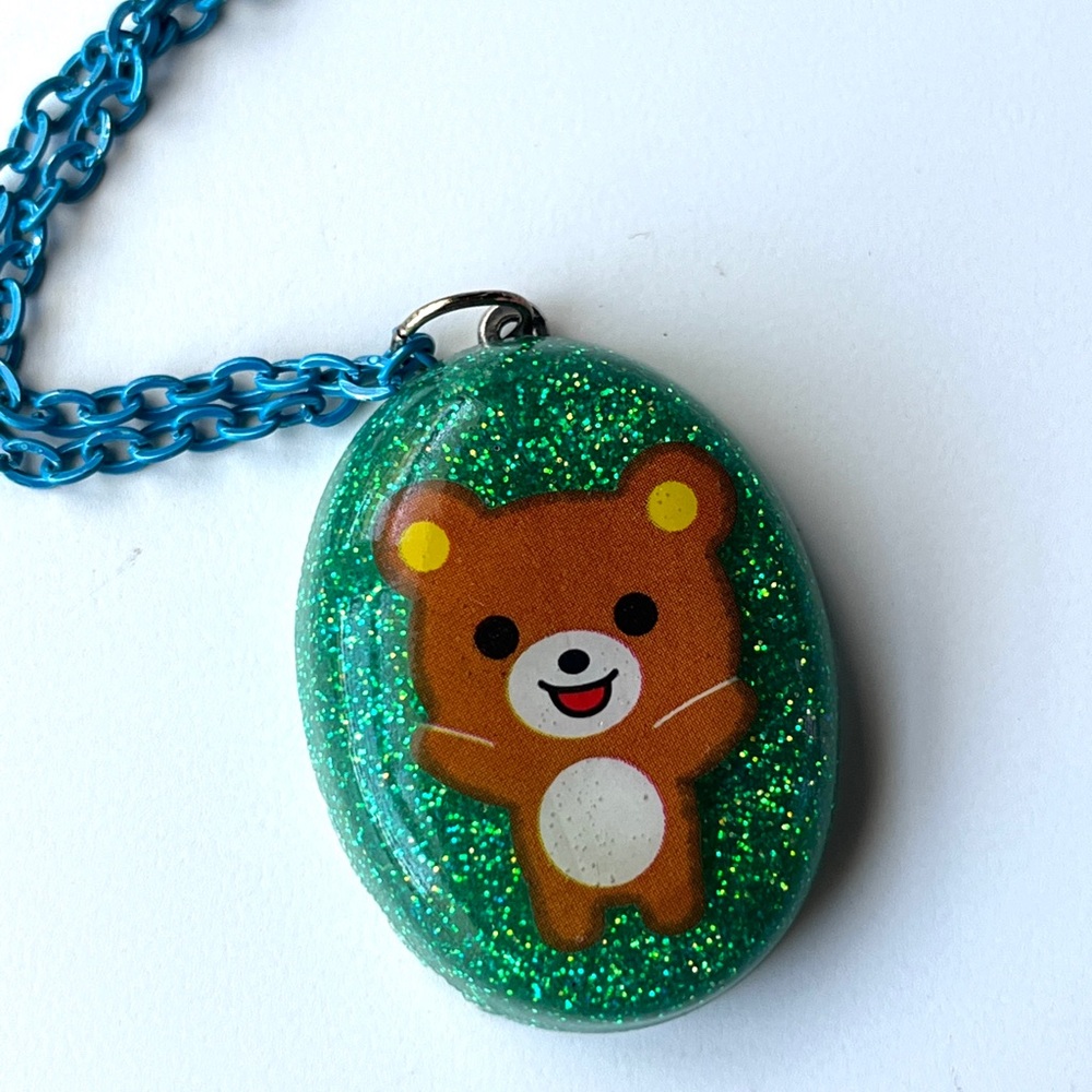 Cute Bear resin Pendant Necklace with Blue Chain